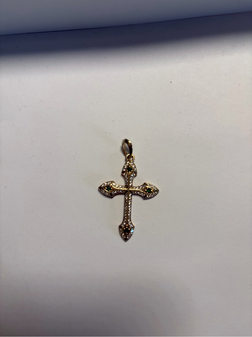 David Yurman Gold Cross Pendant with Clear and Green Stones